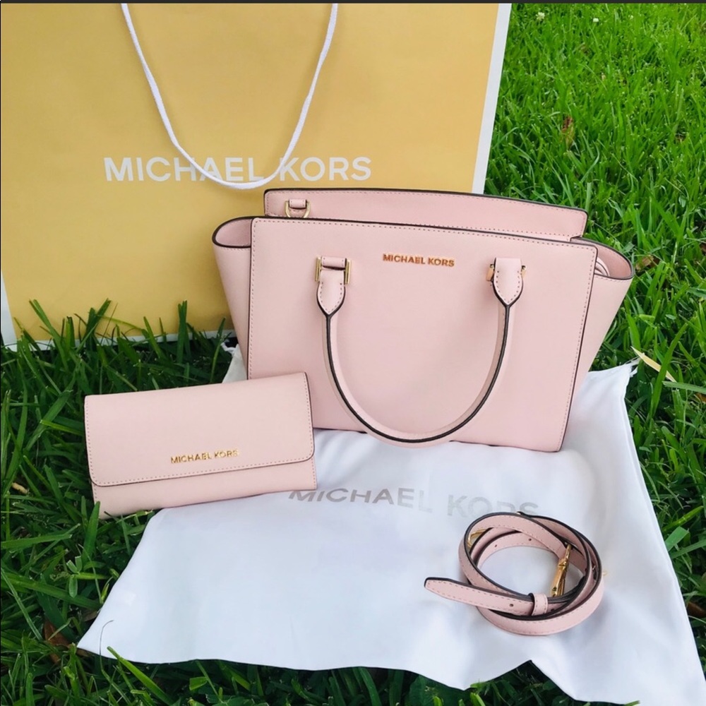 Michael Kors Selma Saffiano Leather Top Zip Satchel Bag (Blossom) and wallet - Picture 1 of 7